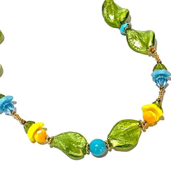 Handmade Green Petal Yellow & Blue Floral Swarovski crystal & Turquoise Necklace - Picture 7 of 7